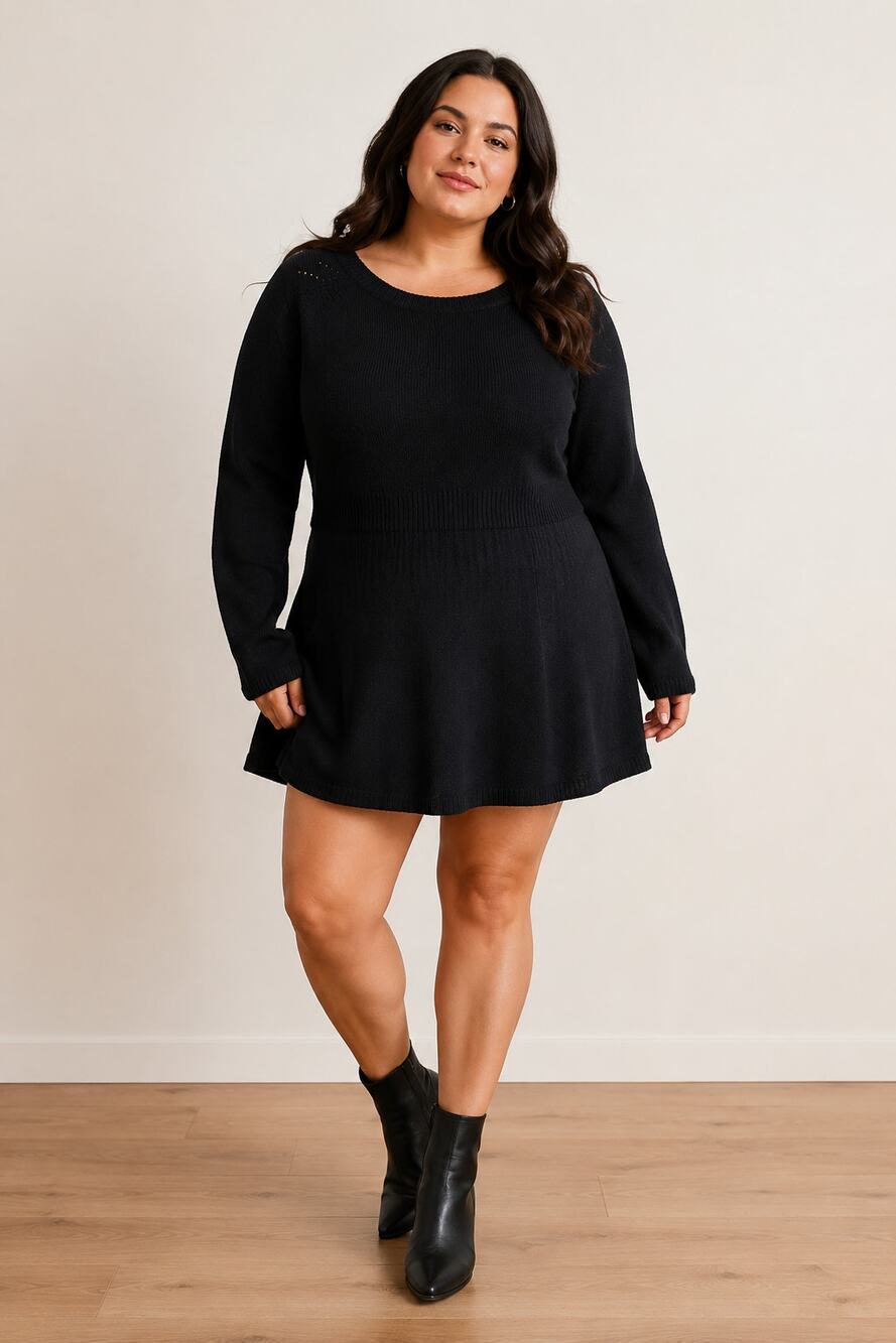 Lane Bryant Black Sweater Dress Tunic 14/16 Fit Flare Ribbed Knit Plus
